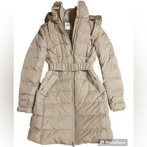 ZARA Womens Hooded Belted Beige Duck Down Water Resistant Puffer Coat Size XS